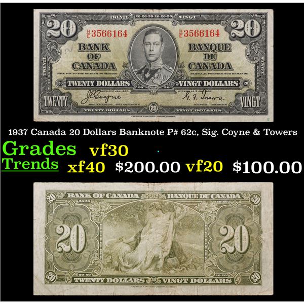 1937 Canada 20 Dollars Banknote P# 62c, Sig. Coyne & Towers Grades vf++