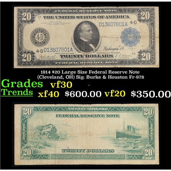 1914 $20 Large Size Federal Reserve Note (Cleveland, OH) Sig. Burke & Houston Fr-978 Grades vf++