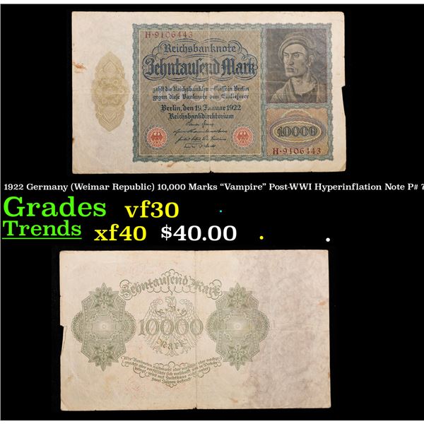 1922 Germany (Weimar Republic) 10,000 Marks "Vampire" Post-WWI Hyperinflation Note P# 71 Grades vf++