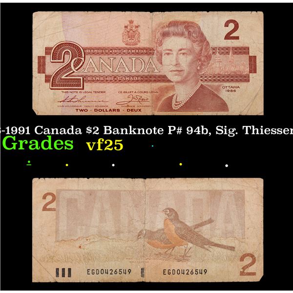 1986-1991 Canada $2 Banknote P# 94b, Sig. Thiessen-Crow Grades vf+