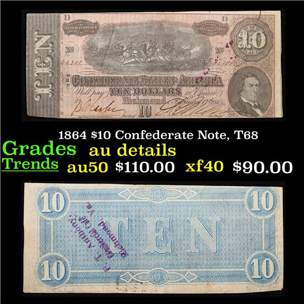 1864 $10 Confederate Note, T68 Grades AU Details
