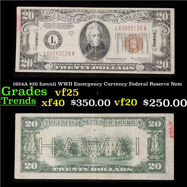 1934A $20 hawaii WWII Emergency Currency Federal Reserve Note Grades vf+