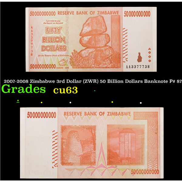 2007-2008 Zimbabwe 3rd Dollar (ZWR) 50 Billion Dollars Banknote P# 87 Grades Select CU