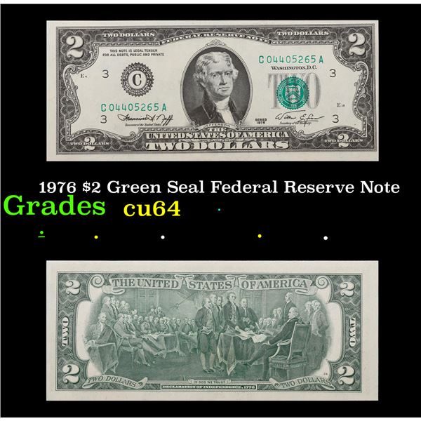 1976 $2 Green Seal Federal Reserve Note Grades Choice CU