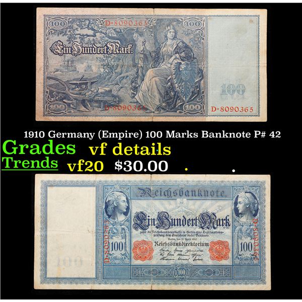 1910 Germany (Empire) 100 Marks Banknote P# 42 Grades vf details