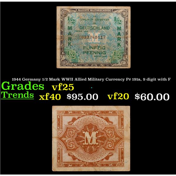 1944 Germany 1/2 Mark WWII Allied Military Currency P# 191a, 9 digit with F Grades vf+