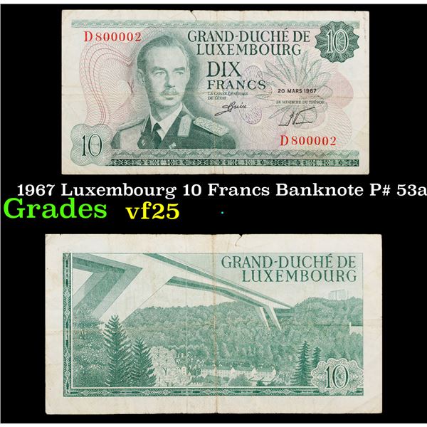 1967 Luxembourg 10 Francs Banknote P# 53a Grades vf+