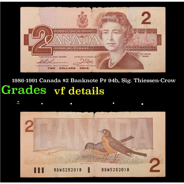 1986-1991 Canada $2 Banknote P# 94b, Sig. Thiessen-Crow Grades vf details