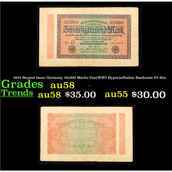 1923 Second Issue Germany 20,000 Marks Post-WWI Hyperinflation Banknote P# 85a Grades Choice AU/BU S