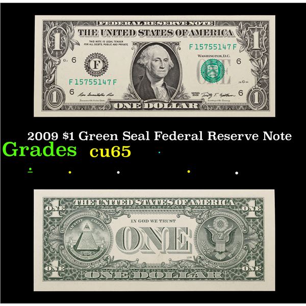 2009 $1 Green Seal Federal Reserve Note  Grades Gem CU