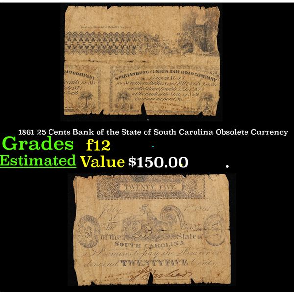 1861 25 Cents Bank of the State of South Carolina Obsolete Currency Grades f, fine