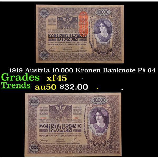 1919 Austria 10,000 Kronen Banknote P# 64 Grades xf+