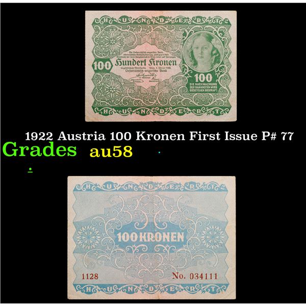 1922 Austria 100 Kronen First Issue P# 77 Grades Choice AU/BU Slider