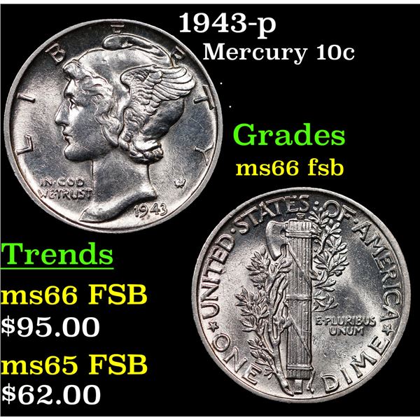 1943-p Mercury Dime 10c Grades GEM+ FSB