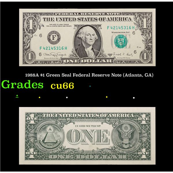 1988A $1 Green Seal Federal Reserve Note (Atlanta, GA) Grades Gem+ CU