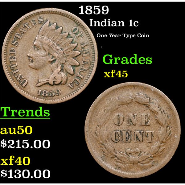 1859 Indian Cent 1c Grades xf+