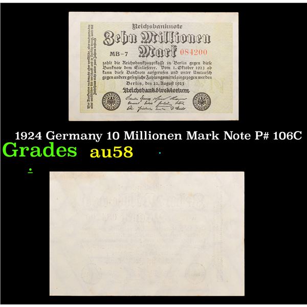 1924 Germany 10 Millionen Mark Note P# 106C Grades Choice AU/BU Slider