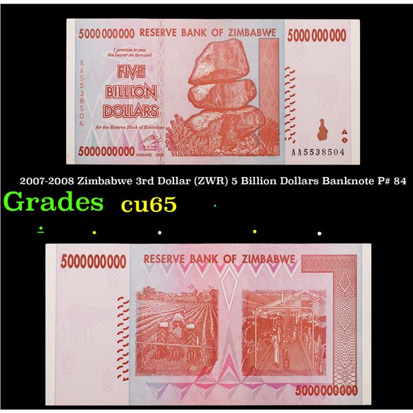 2007-2008 Zimbabwe 3rd Dollar (ZWR) 5 Billion Dollars Banknote P# 84 Grades Gem CU