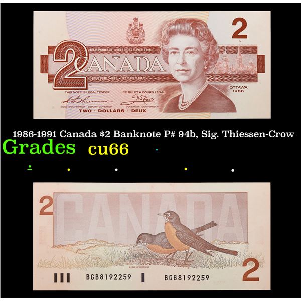 1986-1991 Canada $2 Banknote P# 94b, Sig. Thiessen-Crow Grades Gem+ CU