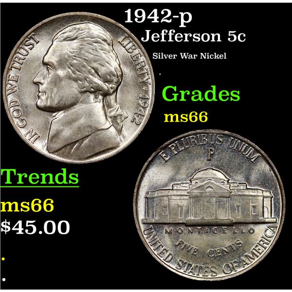 1942-p Jefferson Nickel 5c Grades g+