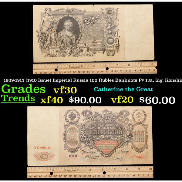 1909-1912 (1910 Issue) Imperial Russia 100 Rubles Banknote P# 13a, Sig. Konshin Grades vf++