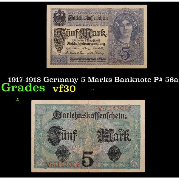 1917-1918 Germany 5 Marks Banknote P# 56a Grades vf++
