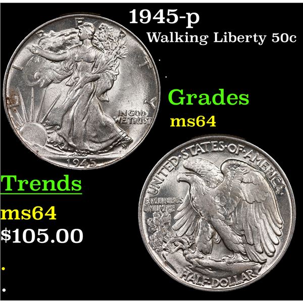 1945-p Walking Liberty Half Dollar 50c Grades Choice Unc