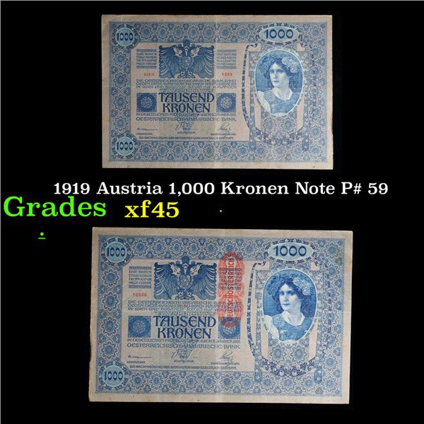 1919 Austria 1,000 Kronen Note P# 59 Grades xf+