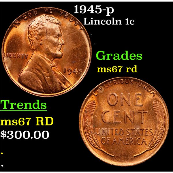 1945-p Lincoln Cent 1c Grades GEM++ Unc RD