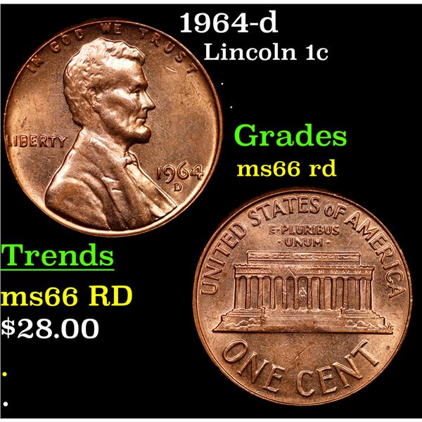 1964-d Lincoln Cent 1c Grades GEM+ Unc RD