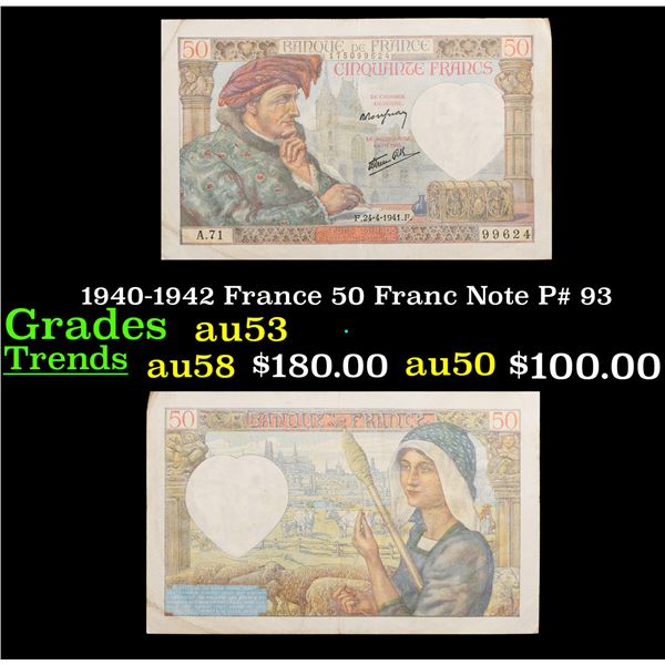 1940-1942 France 50 Franc Note P# 93 Grades Select AU