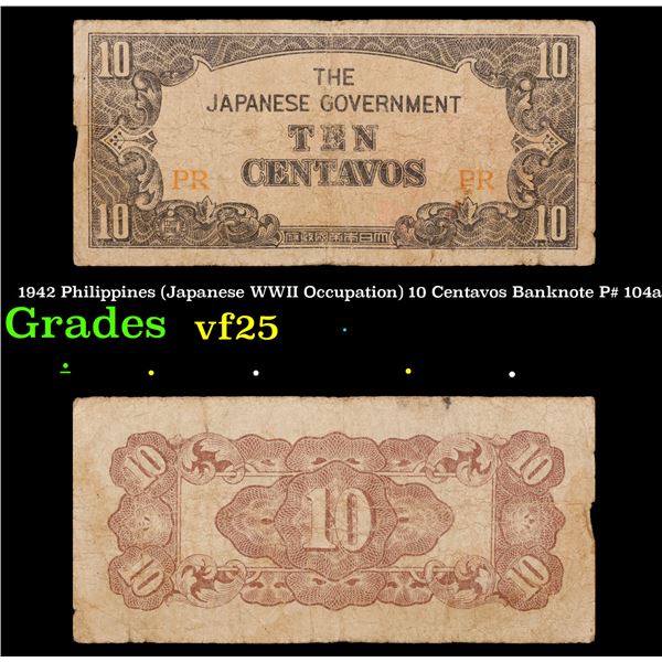 1942 Philippines (Japanese WWII Occupation) 10 Centavos Banknote P# 104a Grades vf+