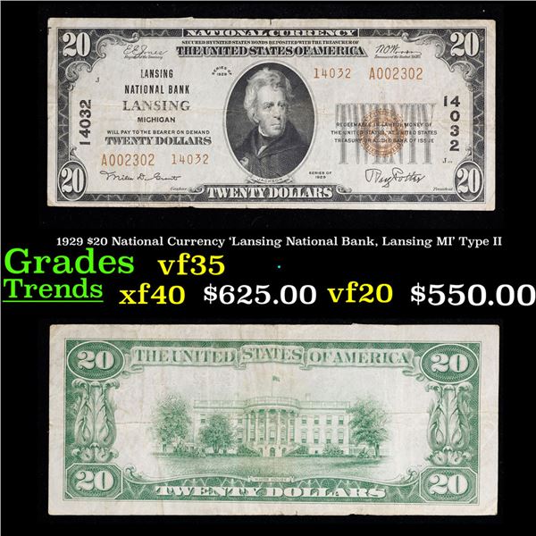1929 $20 National Currency 'Lansing National Bank, Lansing MI' Type II Grades vf++