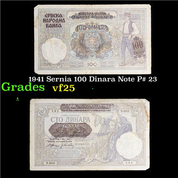 1941 Sernia 100 Dinara Note P# 23 Grades vf+