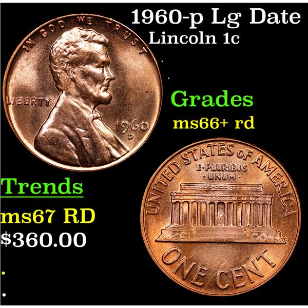 1960-p Lg Date Lincoln Cent 1c Grades GEM++ RD