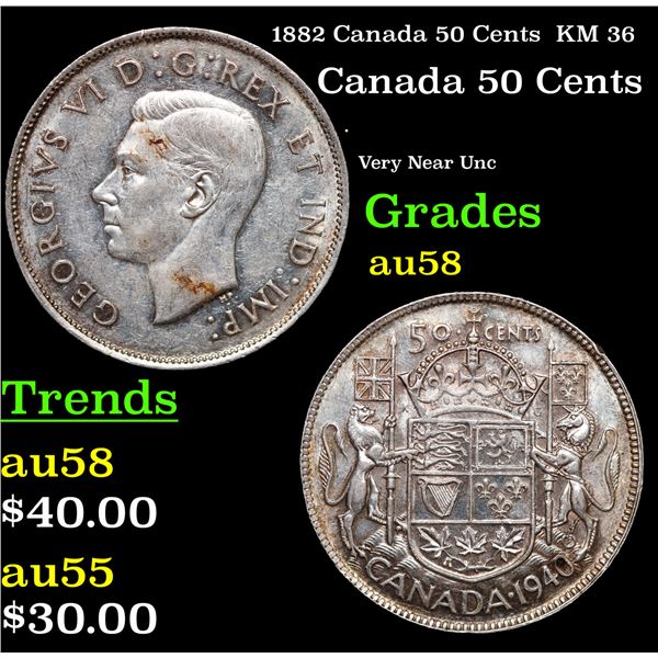 1882 Canada 50 Cents  KM 36 Grades Choice AU/BU Slider