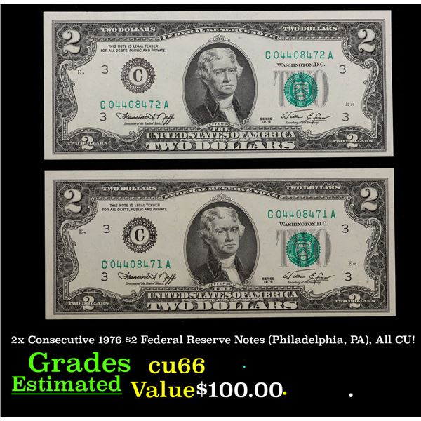 2x Consecutive 1976 $2 Federal Reserve Notes (Philadelphia, PA), All CU! Grades Gem+ CU