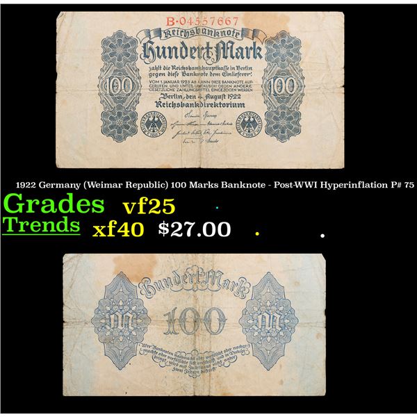 1922 Germany (Weimar Republic) 100 Marks Banknote - Post-WWI Hyperinflation P# 75 Grades vf+