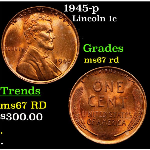 1945-p Lincoln Cent 1c Grades GEM++ Unc RD