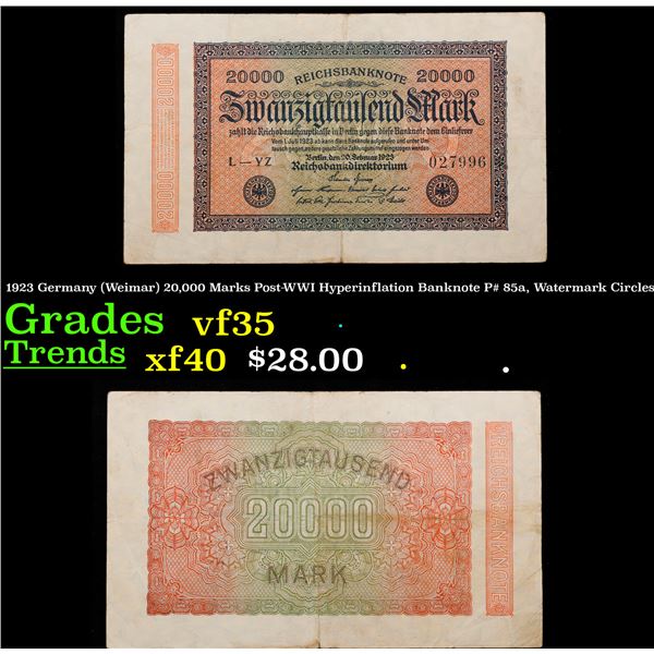 1923 Germany (Weimar) 20,000 Marks Post-WWI Hyperinflation Banknote P# 85a, Watermark Circles Grades