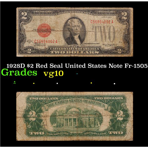 1928D $2 Red Seal United States Note Fr-1505 Grades vg+