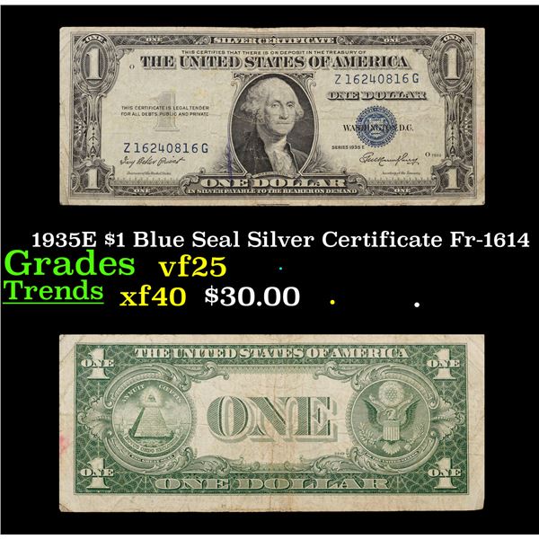 1935E $1 Blue Seal Silver Certificate Fr-1614 Grades vf+