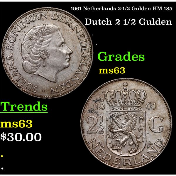 1961 Netherlands 2-1/2 Gulden KM 185 Grades Select Unc