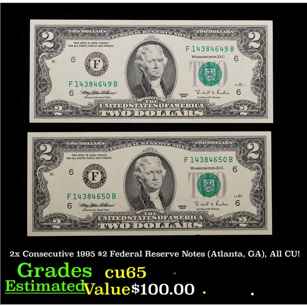 2x Consecutive 1995 $2 Federal Reserve Notes (Atlanta, GA), All CU! Grades Gem CU