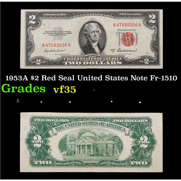 1953A $2 Red Seal United States Note Fr-1510 Grades vf++