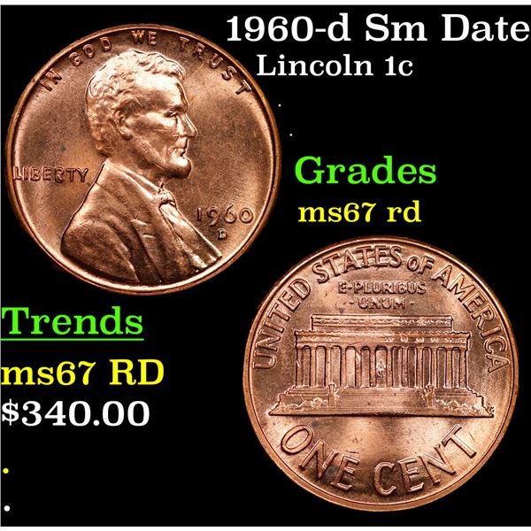 1960-d Sm Date Lincoln Cent 1c Grades GEM++ Unc RD