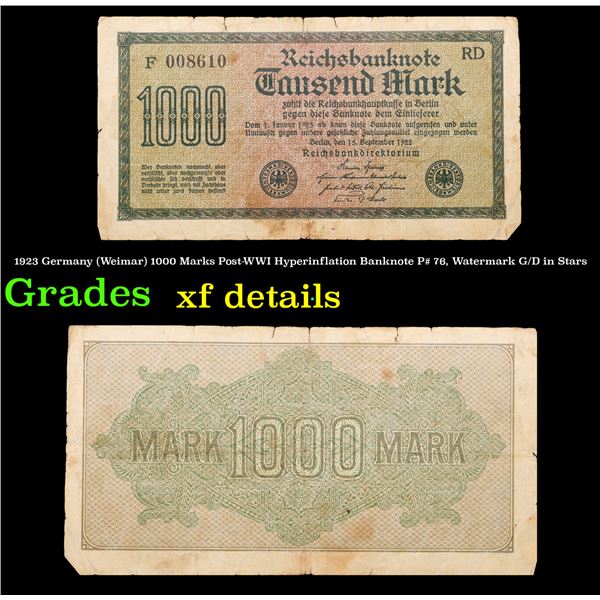 1923 Germany (Weimar) 1000 Marks Post-WWI Hyperinflation Banknote P# 76, Watermark G/D in Stars Grad