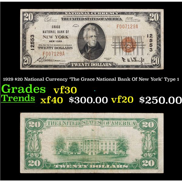 1929 $20 National Currency 'The Grace National Bank Of New York' Type 1 Grades vf++