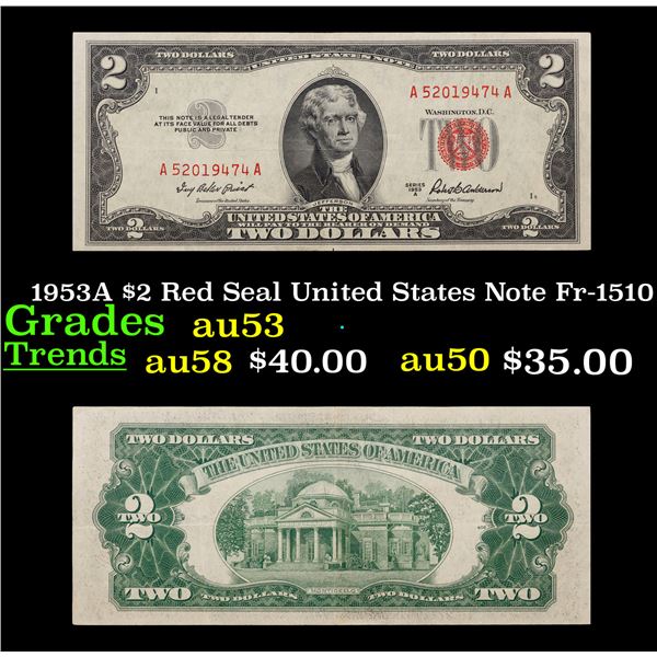 1953A $2 Red Seal United States Note Fr-1510 Grades Select AU