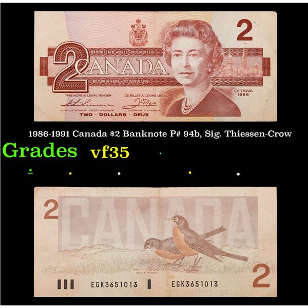 1986-1991 Canada $2 Banknote P# 94b, Sig. Thiessen-Crow Grades vf++